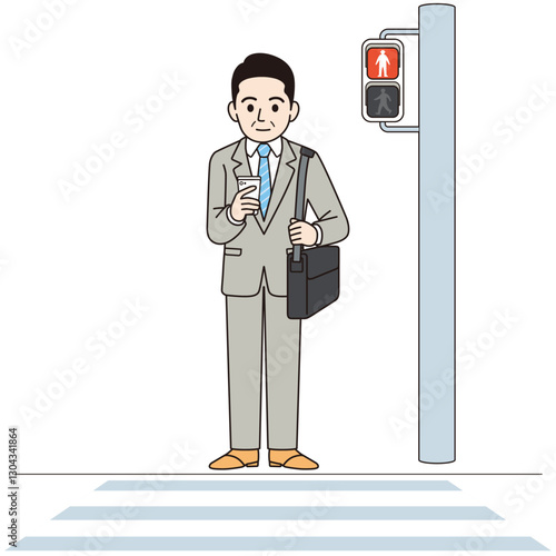 信号待ちの中年男性ビジネスパーソン　スマホ