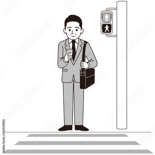 信号待ちの中年男性ビジネスパーソン　スマホ　モノクロ