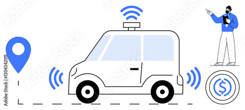 Self-driving car with GPS marker, wireless signals, remote user directing action, and payment integration. Ideal for mobility, technology, GPS, automation, urban planning car sharing smart cities