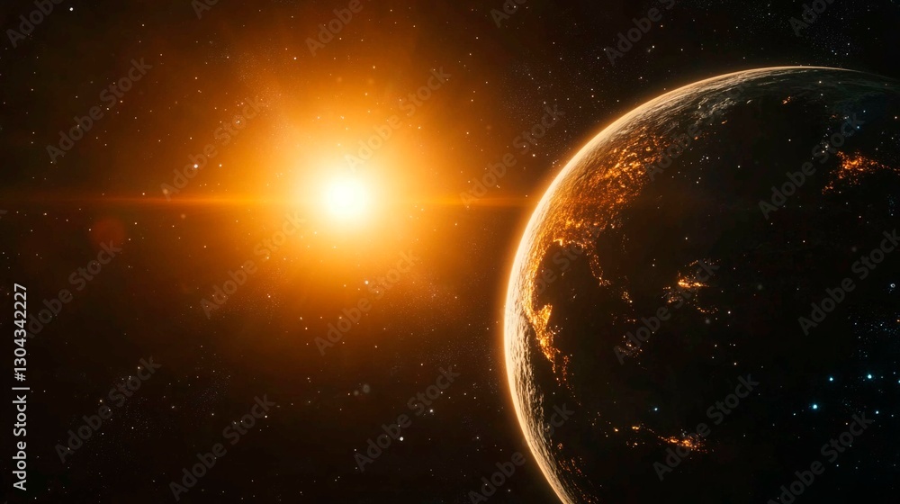 Naklejka premium The Sun and Earth, showing their celestial positions with the Earth in orbit around the Sun. The planet is visible from space as sunlight illuminates its surface.