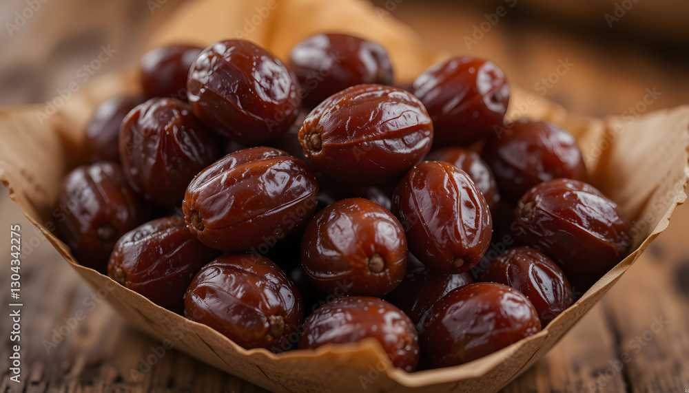 Fresh Organic Dates in Rustic Paper Basket on Wooden Table Fresh Organic Dates in Rustic Paper Basket on Wooden Table