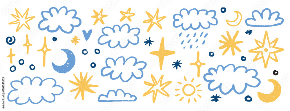 crayon stars, clouds and moon doodle hand drawn icon set. Colorful kids crayon sky elements isolated on white background. crayon stars, clouds and moon doodle hand drawn icon set. Colorful kids crayon sky elements isolated on white background.