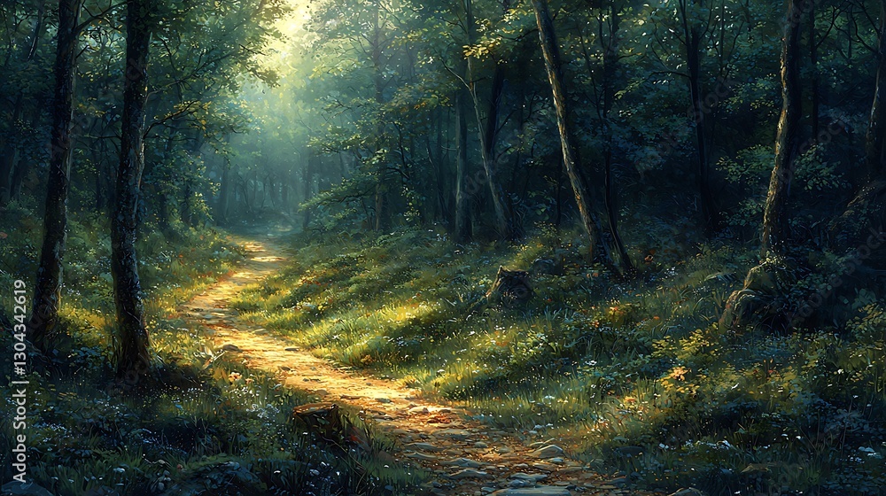 Obraz premium Sunlit Forest Path Magical Woodland Trail Lush Greenery Sunlight Dappled