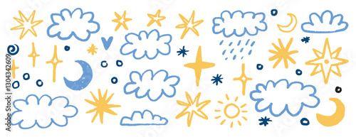 crayon stars, clouds and moon doodle hand drawn icon set. Colorful kids crayon sky elements isolated on white background.