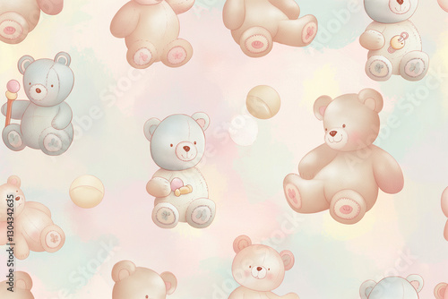 A heartwarming pattern of cute teddy bears in various playful poses, set against a soft pastel light background