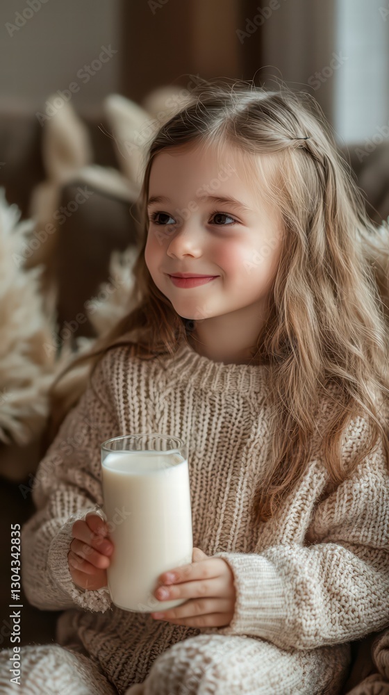 Child with Glass of Milk: A charming little girl, her blonde hair cascading over her shoulders, is captured in a moment of pure bliss. She tenderly cradles a glass of creamy milk. Child with Glass of Milk: A charming little girl, her blonde hair cascading over her shoulders, is captured in a moment of pure bliss. She tenderly cradles a glass of creamy milk.