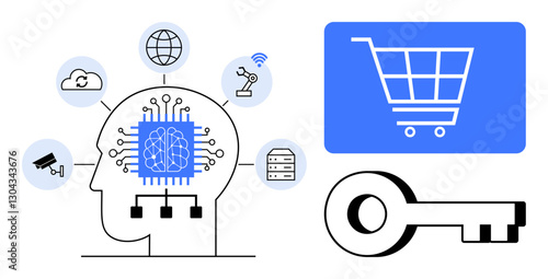 Head with neural network chip connected to IoT devices, cloud, and database. E-commerce cart and key suggest data security and smart shopping. Ideal for AI, automation, connectivity, security