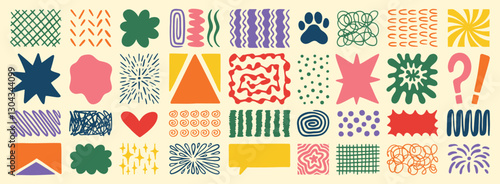 Retro shapes elements set. Abstract paw, star, flower, shapes and stickers. Groovy funky bubble, star, print, lines, waves. Trendy retro 60s, 70s or 90s cartoon colorful style. 