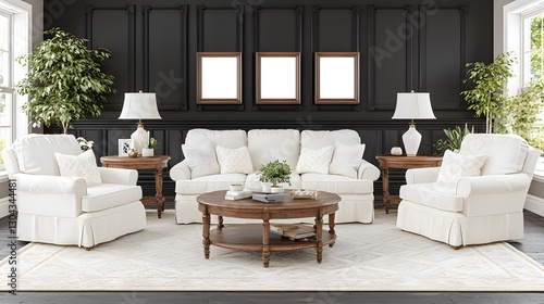 Wallpaper Mural Elegant White Living Room Furniture Arrangement with Black Accent Wall and Natural Elements Torontodigital.ca