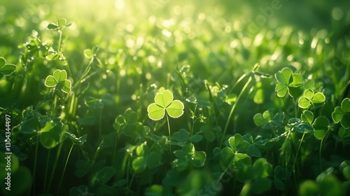 A verdant tapestry of fresh green clover leaves, their vibrant hue kissed by the sun, stood tall against the backdrop of a lush green meadow.