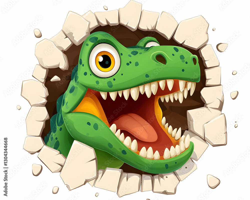 Obraz premium Cartoon dinosaur bursting through wall