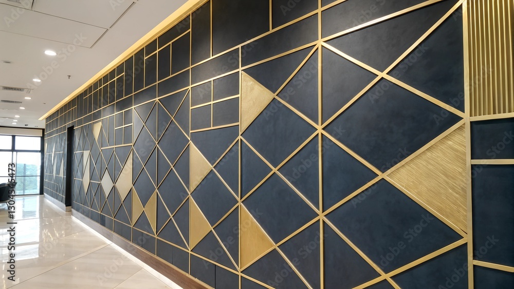 Obraz premium Modern office interior, geometric wall design, navy blue and gold accents, sleek hallway