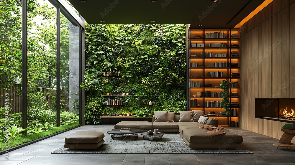 Fototapeta premium Modern Living Room Interior Design with Green Wall Bookshelves and Fireplace