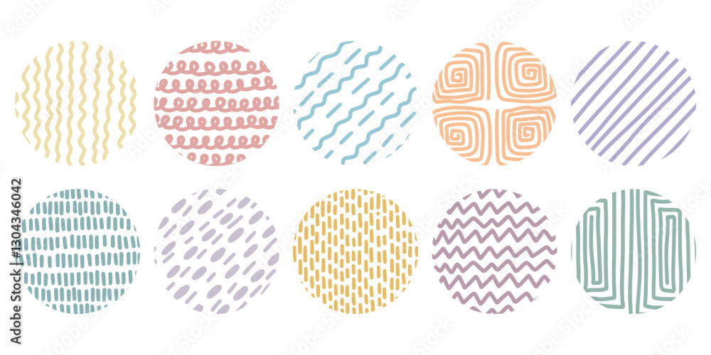Set of circles with colored lines and dots in doodle style. Playful fancy different texture in sphere. Hand drawn shading circles filling. Clip art, vector graphics Set of circles with colored lines and dots in doodle style. Playful fancy different texture in sphere. Hand drawn shading circles filling. Clip art, vector graphics