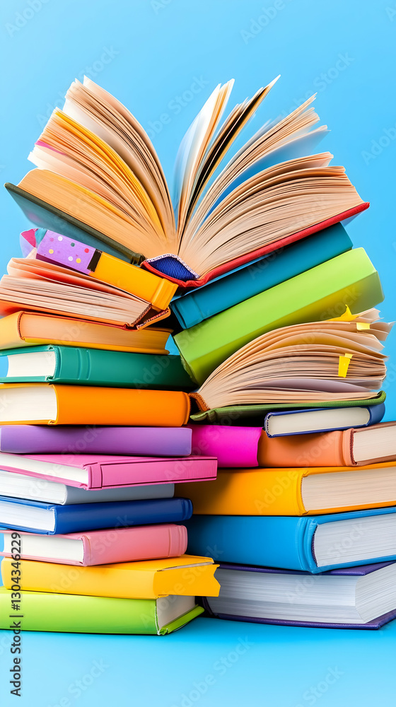 Fototapeta premium Colorful book stack, open pages, blue background