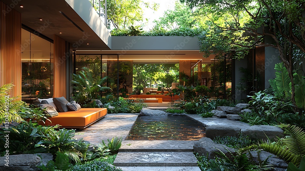 Fototapeta premium Tranquil Modern Courtyard Oasis Lush Tropical Garden Design with Water Feature and Daybed