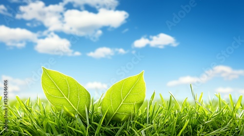 Two Green Leaves Emerging from Lush Green Grass Against a Bright Blue Sky with Fluffy White Clouds