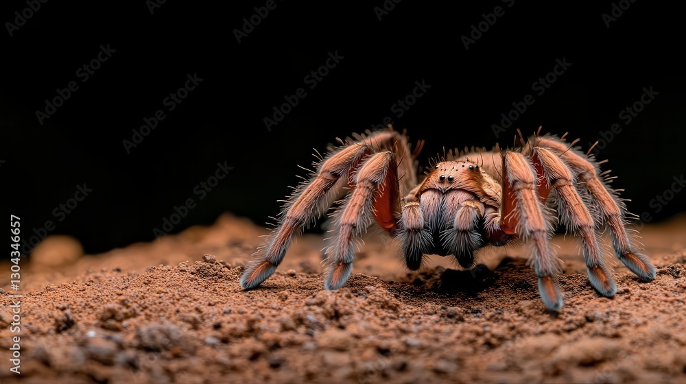 This macro shot captures a tarantula spider on soil, showcasing its intricate physical details and the natural environment it inhabits with exceptional clarity. This macro shot captures a tarantula spider on soil, showcasing its intricate physical details and the natural environment it inhabits with exceptional clarity.