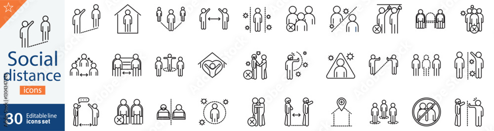 Social Distance Line Icons Set. Collection of 30 outline icons representing public health, safety measures, pandemic precautions, and physical distancing. Editable stroke . vector illustration. Social Distance Line Icons Set. Collection of 30 outline icons representing public health, safety measures, pandemic precautions, and physical distancing. Editable stroke . vector illustration.