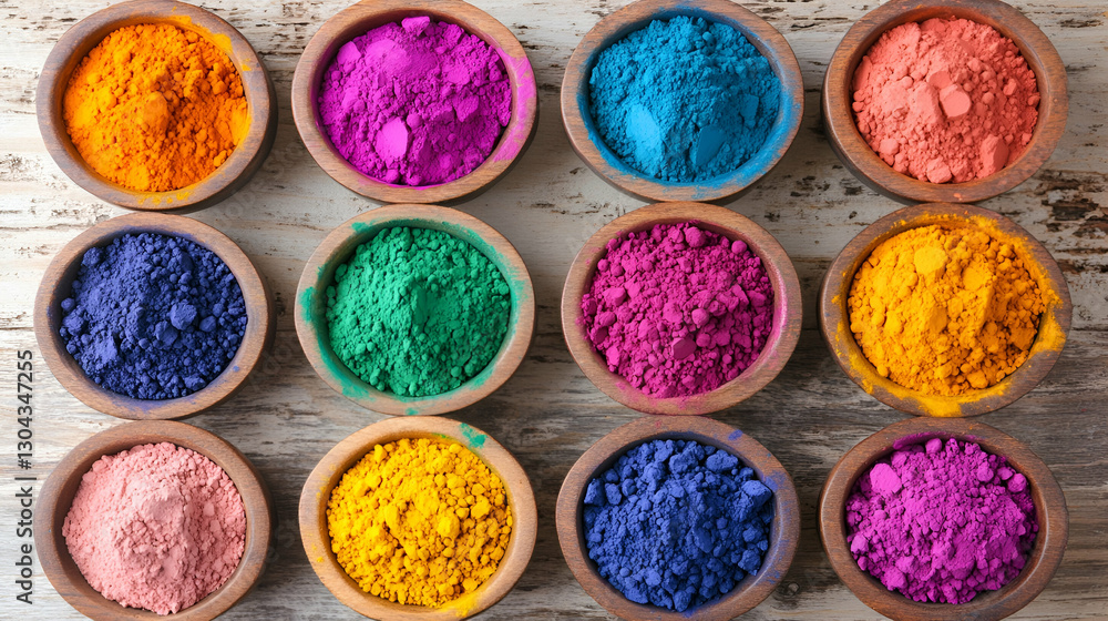 Colorful Holi powder bowls on rustic wood Colorful Holi powder bowls on rustic wood