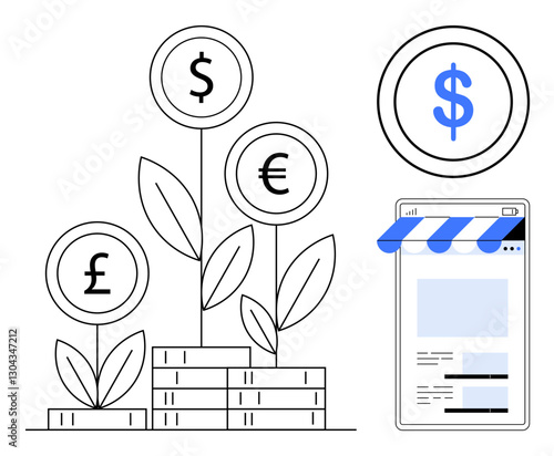 Currency plants sprouting from coin stacks, dollar, euro, and pound symbols alongside an online storefront browser page. Ideal for finance, investments, ecommerce, growth, savings global market