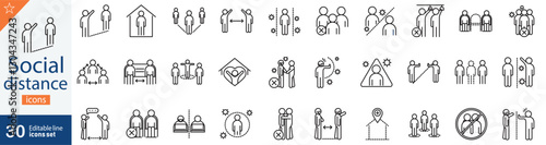 Social Distance Line Icons Set. Collection of 30 outline icons representing public health, safety measures, pandemic precautions, and physical distancing. Editable stroke . vector illustration.