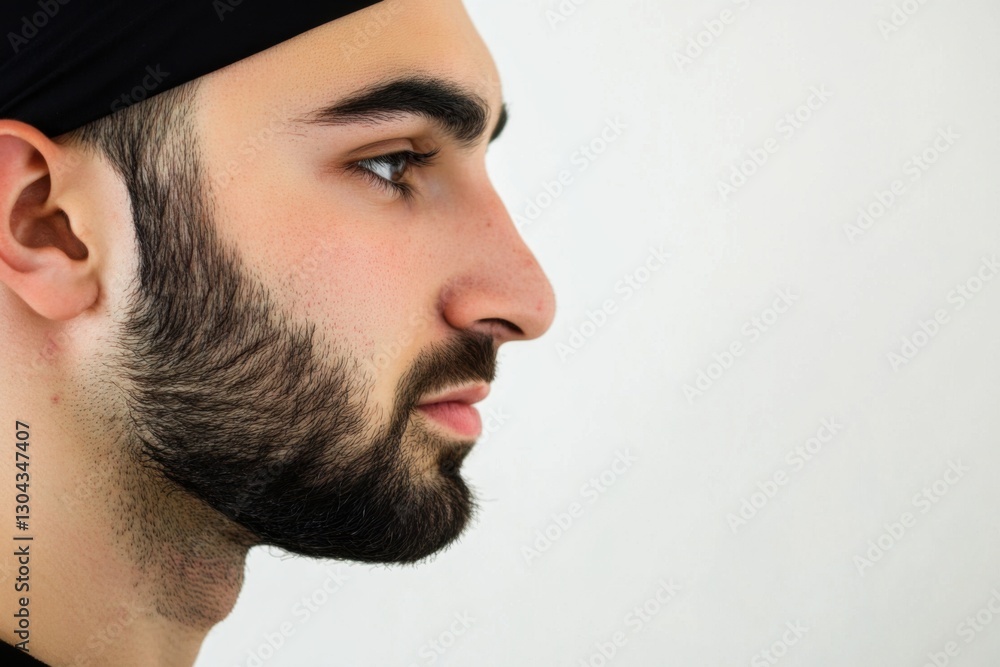 Fototapeta premium Minimalistic portrait close-up of a middle eastern man with beard