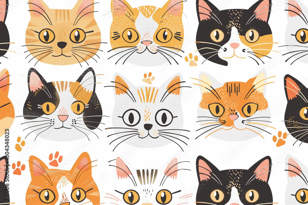 A seamless pattern featuring a variety of cute cartoon cat faces, each with different expressions and little details A seamless pattern featuring a variety of cute cartoon cat faces, each with different expressions and little details