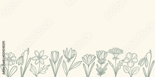 Simple elegant modern spring flower line art border background, vector floral banner empty flyer temple design
