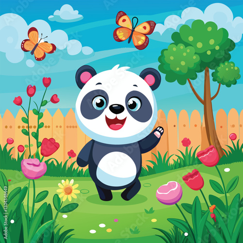Joyful Cartoon Panda in a Colorful Garden with Butterflies and Flowers