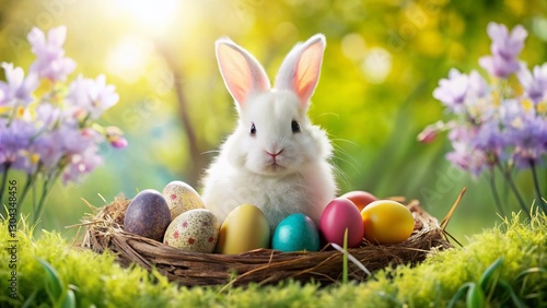 Adorable Easter Bunny with Colorful Easter Eggs Nest