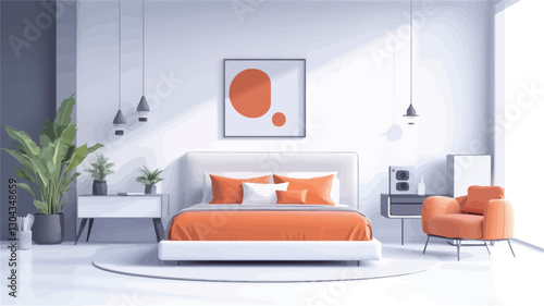 The image shows a digitally rendered modern minimalist bedroom. The room is predominantly white with orange accents.  A white bed with orange bedding and pillows is the focal point.  There