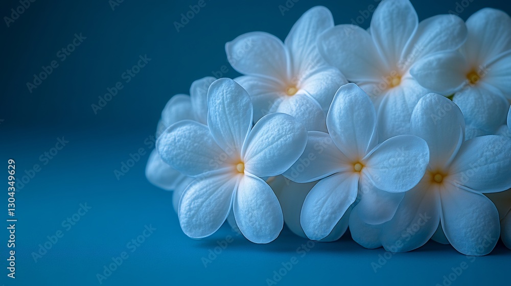 Naklejka premium Serene white blossoms softly illuminated against a deep blue background. AI Generated