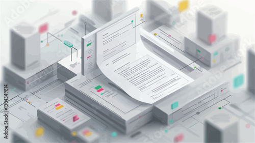 Wallpaper Mural The image is a 3D isometric illustration.  It depicts numerous stacks of rectangular blocks, suggesting data storage or files.  A single sheet of paper, appearing as a document, is Torontodigital.ca