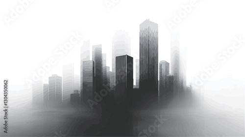 Monochrome image depicting a stylized cityscape enveloped in thick fog.  The buildings are rendered with a soft focus and lack sharp details, creating a sense of depth and mystery. The
