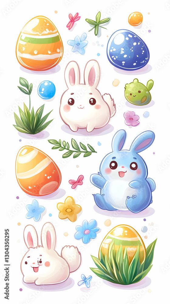 Obraz premium Cute bunnies, Easter eggs, spring flowers