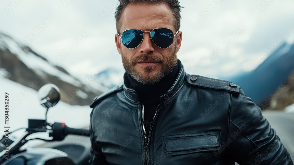 A handsome, confident man wearing sunglasses and a black leather jacket stands near his motorcycle, with stunning snow-capped mountains in the background. A handsome, confident man wearing sunglasses and a black leather jacket stands near his motorcycle, with stunning snow-capped mountains in the background.