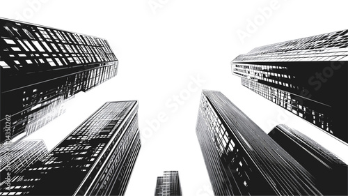 The image is a low-angle, black and white photograph of several modern skyscrapers. The buildings are tall and slender, with a variety of architectural details visible. The perspective is