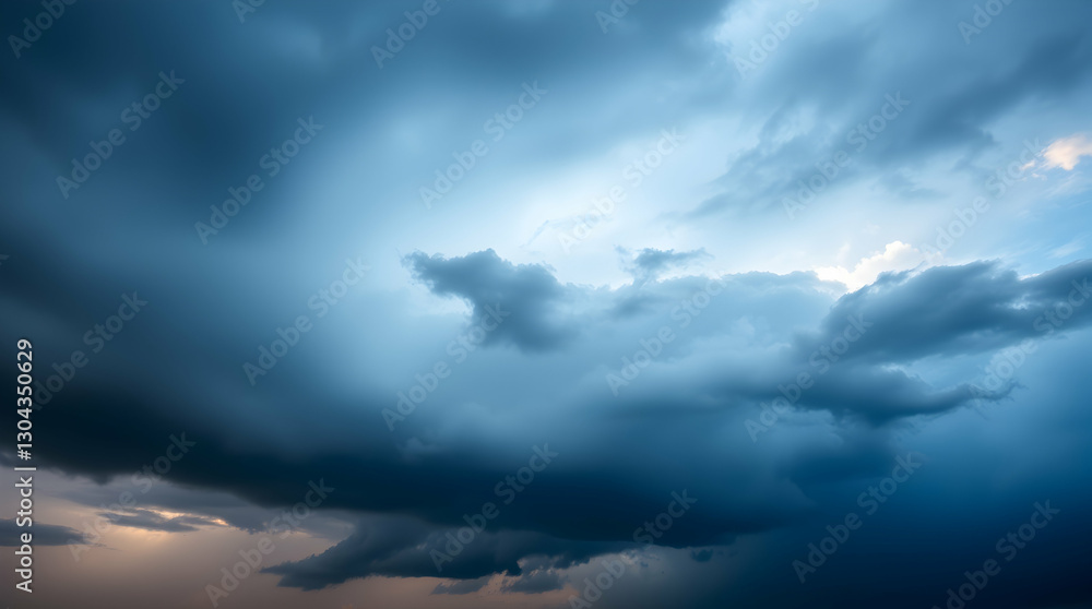 Dramatic sky filled with dark, ominous storm clouds in shades of blue and grey. Hints of lighter sky peek through the heavy cloud cover. Dramatic sky filled with dark, ominous storm clouds in shades of blue and grey. Hints of lighter sky peek through the heavy cloud cover.