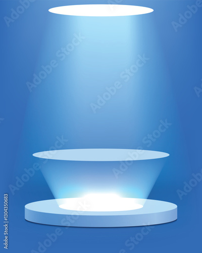 3d product presentation podium with digital technology light effect on blue background
