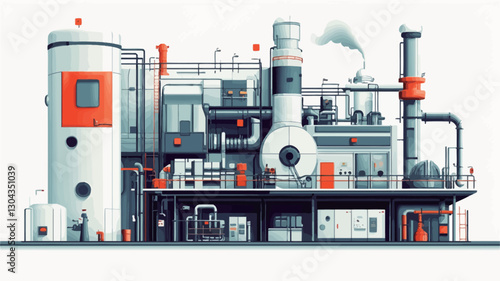 A stylized illustration of an industrial plant depicted in a cutaway view, showing internal machinery and structures. The color palette is predominantly white, gray, dark blue and