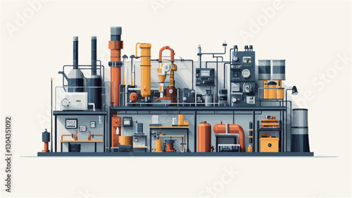 A detailed cross-section illustration of an industrial facility. The image depicts a variety of machinery, pipes, tanks, and other equipment arranged in a complex configuration. The style