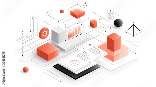 The image is an isometric illustration featuring a stylized representation of data processing and network connections.  The visual style is clean and modern, utilizing a predominantly white