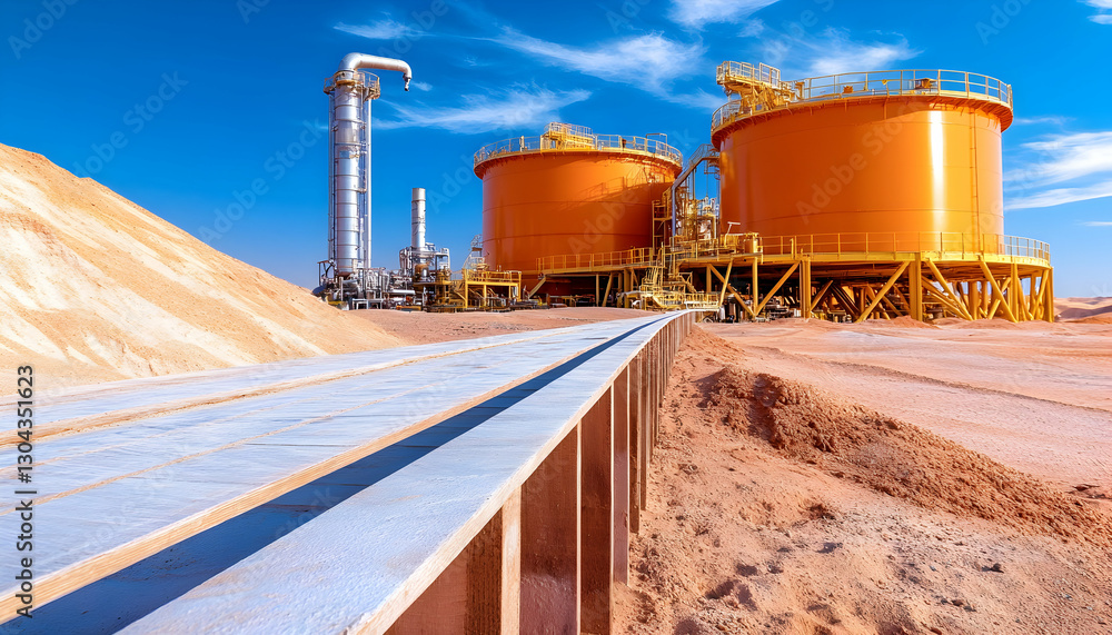 Obraz premium Desert industrial plant, large tanks, conveyor belt