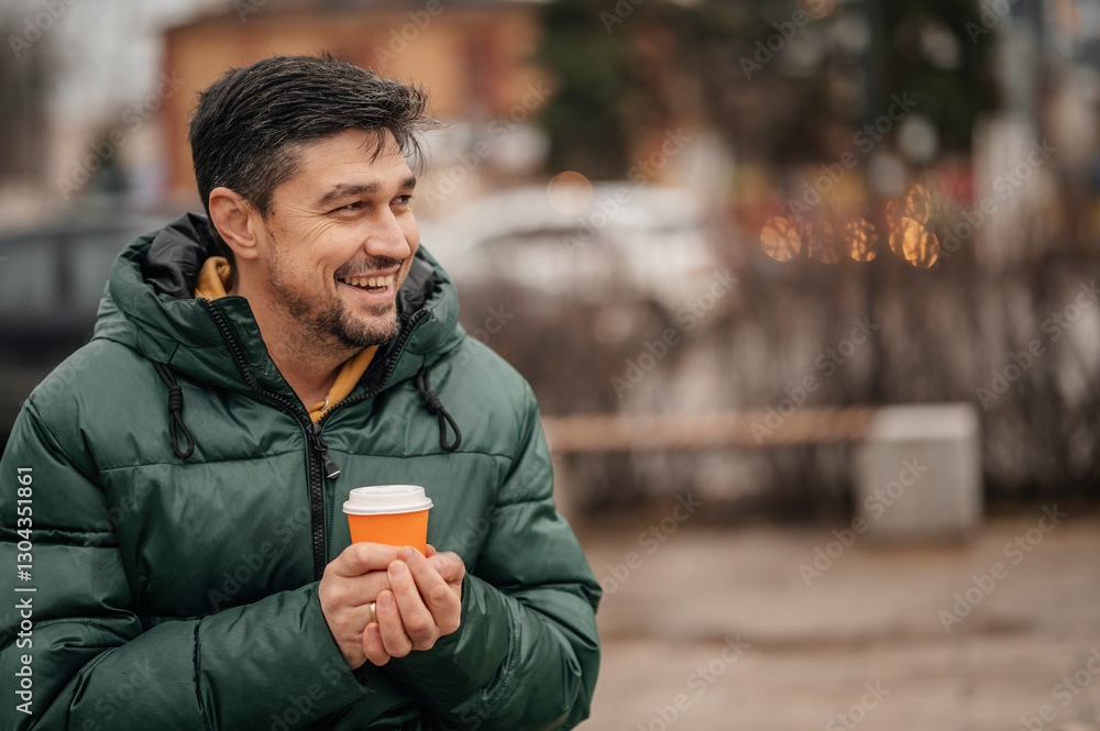 Man in a green jacket holding a coffee cup outdoors in the city during a cold morning Man in a green jacket holding a coffee cup outdoors in the city during a cold morning
