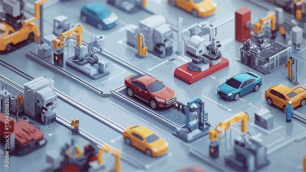 The image presents a stylized isometric 3D rendering of an automated car assembly line. Numerous miniature cars in various colors are depicted moving along the line. The assembly process The image presents a stylized isometric 3D rendering of an automated car assembly line. Numerous miniature cars in various colors are depicted moving along the line. The assembly process