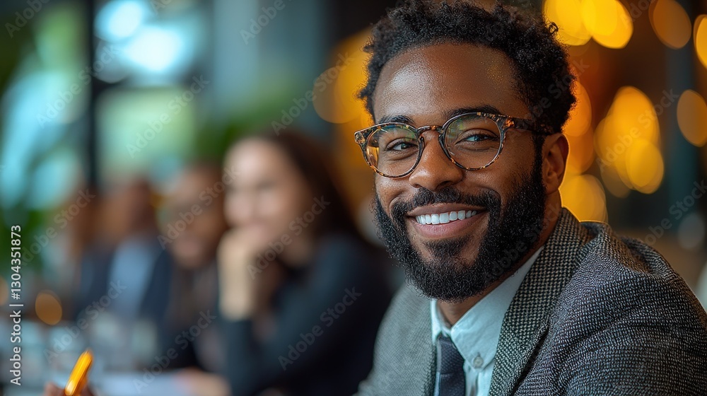 A smiling black man wearing glasses in an office meeting A smiling black man wearing glasses in an office meeting