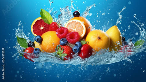 Fresh berries and fruits falling into water with splash on blue background. Falling strawberries, raspberries, blueberries lemon in water splashes. Fresh fruits with water splash. AI generated