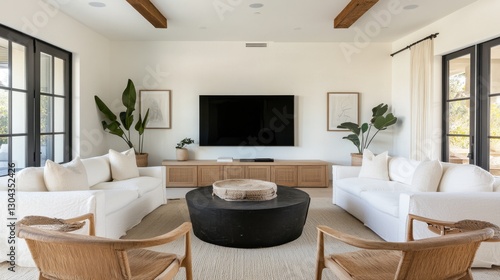 A black-framed Smart TV centered on a white wall, complemented by neutral-toned furniture in a serene living space.