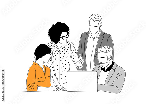 Team work business scene illustration. Diverse multinational men and women working together. Modern vector simple outline style illustration for graphic, web design